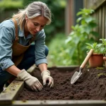 Femme jardinant dans un potager surélevé, plantant des semis dans un sol riche et humide au printemps