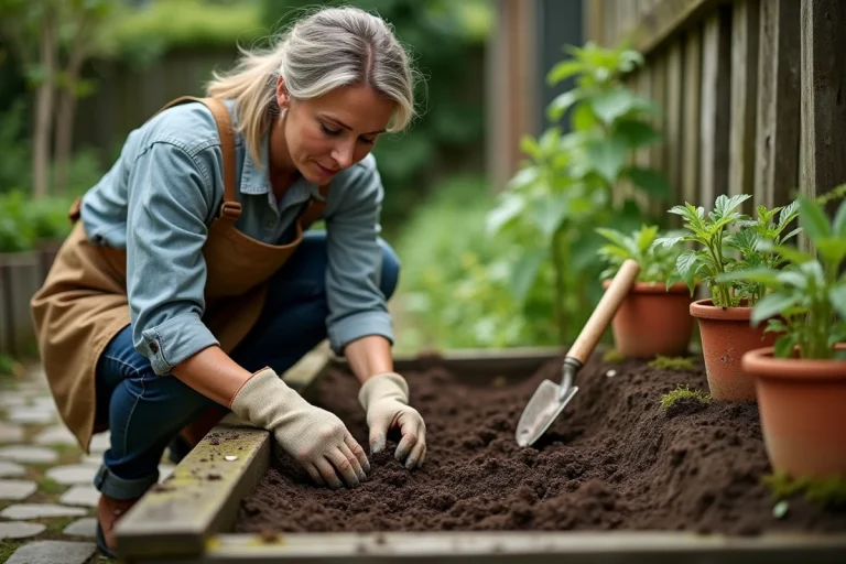 Femme jardinant dans un potager surélevé, plantant des semis dans un sol riche et humide au printemps