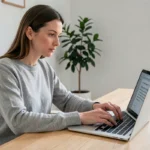 Femme utilisant un MacBook pour taper des caractères spéciaux comme le Ç majuscule dans un document texte