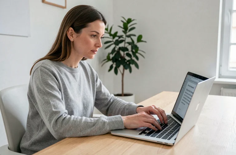Femme utilisant un MacBook pour taper des caractères spéciaux comme le Ç majuscule dans un document texte