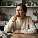 Femme souriante dégustant une madeleine dans une cuisine chaleureuse
