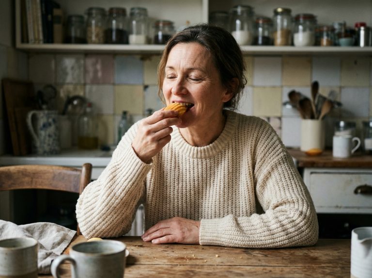 Femme souriante dégustant une madeleine dans une cuisine chaleureuse