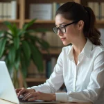 Jeune femme examinant un fichier DOCX sur son ordinateur