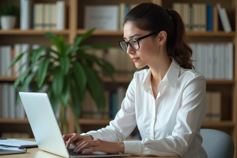 Jeune femme examinant un fichier DOCX sur son ordinateur
