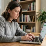 Femme frustrée devant son ordinateur portable face à une page d'erreur, cherchant une solution alternative à une adresse web indisponible