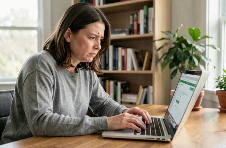 Femme frustrée devant son ordinateur portable face à une page d'erreur, cherchant une solution alternative à une adresse web indisponible