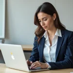 Femme professionnelle insérant le symbole attention dans un document Word sur son ordinateur portable en bureau moderne