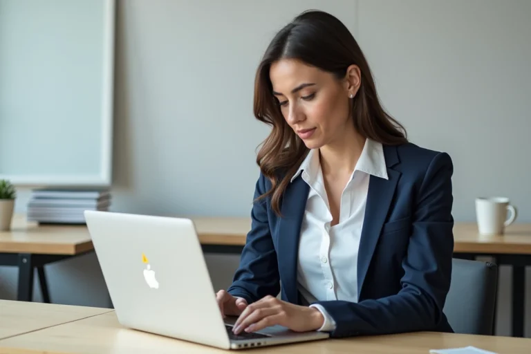 Femme professionnelle insérant le symbole attention dans un document Word sur son ordinateur portable en bureau moderne