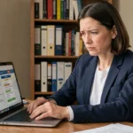 Femme utilisant un quiz d'orientation politique sur ordinateur portable dans un bureau à domicile