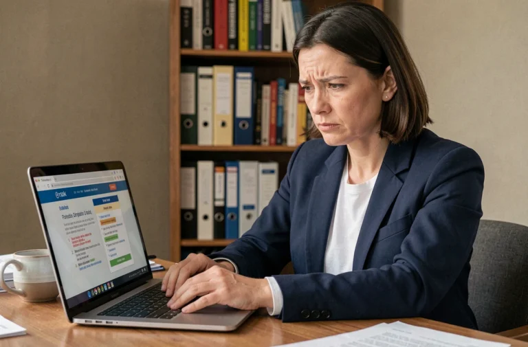 Femme utilisant un quiz d'orientation politique sur ordinateur portable dans un bureau à domicile