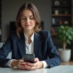 Femme en blazer regardant son smartphone dans un salon moderne