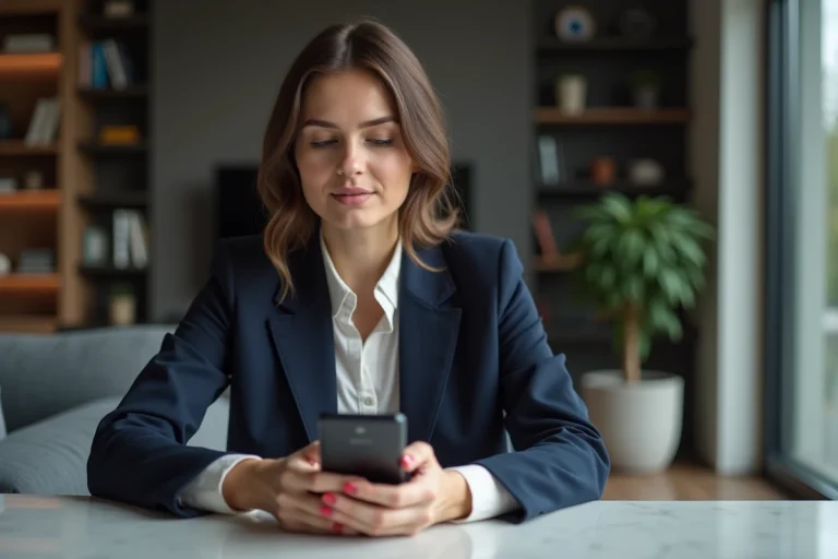 Femme en blazer regardant son smartphone dans un salon moderne