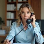 Femme au téléphone contactant un conseiller ANTS depuis son bureau à domicile