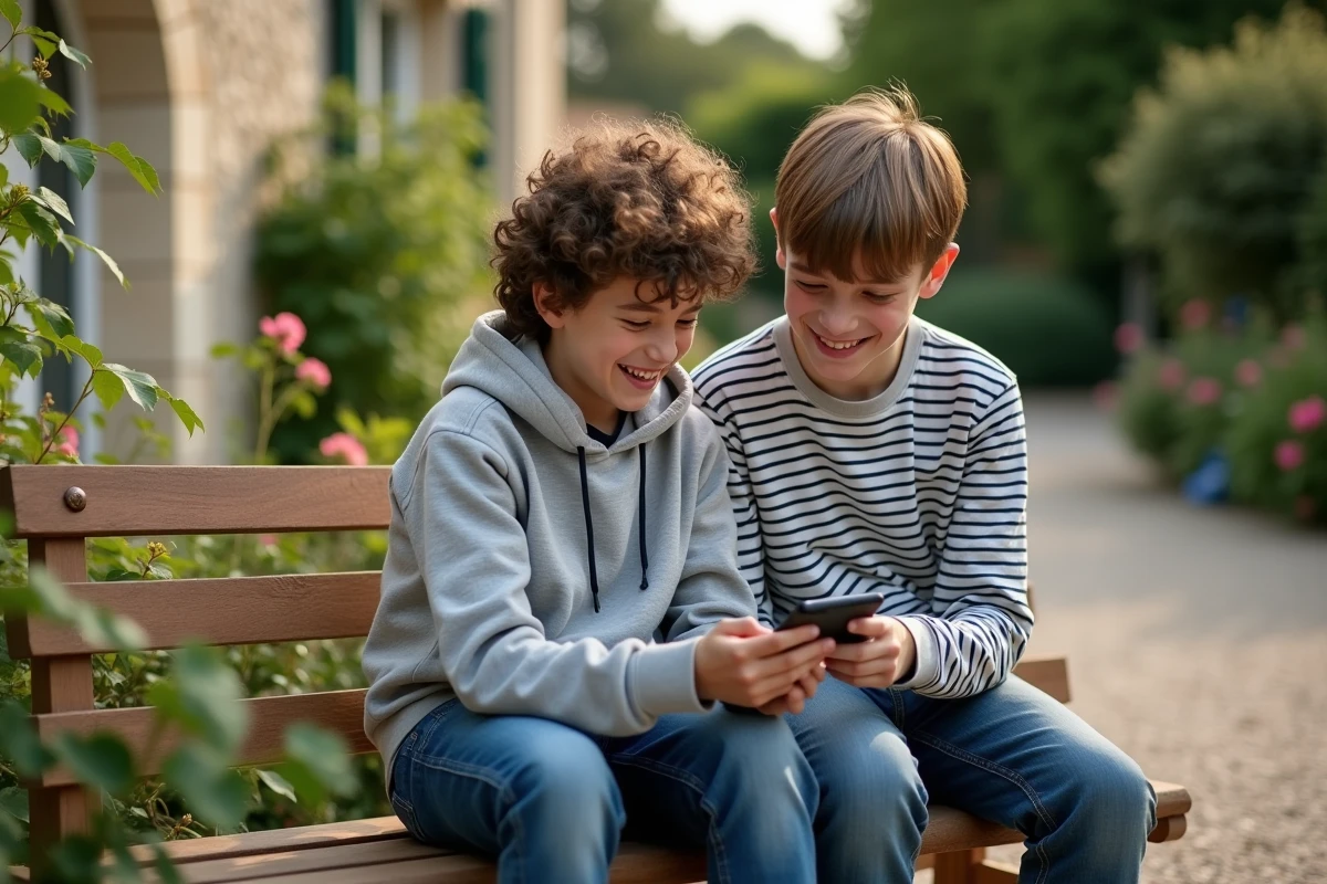 Deux adolescents frères assis ensemble dans un jardin français, partageant un moment complice autour d'un smartphone