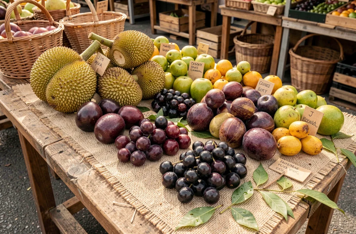 Assortiment de fruits exotiques en J disposés sur une table de marché rustique en bois avec du jute et des étiquettes manuscrites
