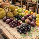 Assortiment de fruits exotiques en J disposés sur une table de marché rustique en bois avec du jute et des étiquettes manuscrites