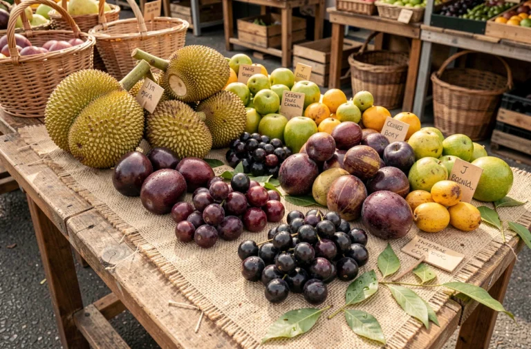 Assortiment de fruits exotiques en J disposés sur une table de marché rustique en bois avec du jute et des étiquettes manuscrites