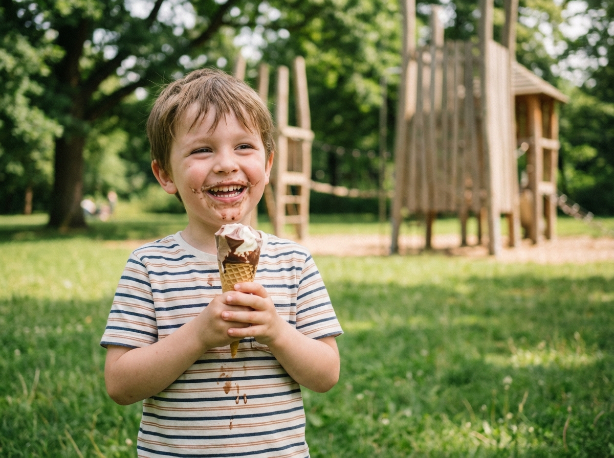 Garçon riant avec glace dans un parc en été