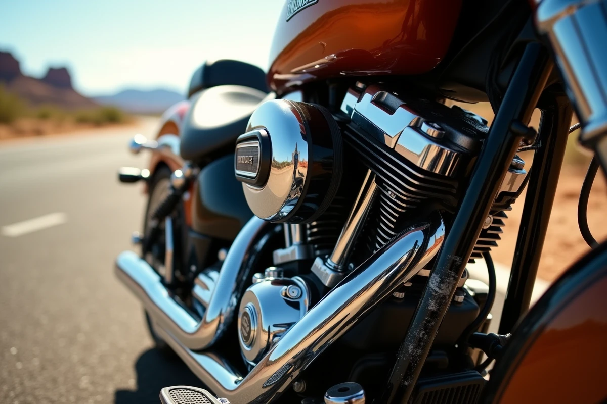 Gros plan sur le moteur Harley-Davidson Twin Cam 103 d'une moto garée sur une route désertique américaine