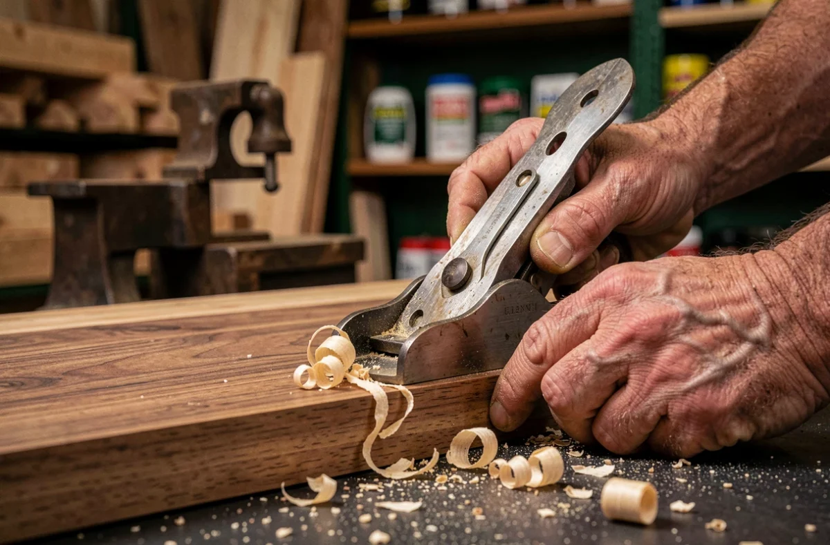 Gros plan sur des mains artisanales guidant un rabot sur une planche en noyer avec des copeaux de bois fins