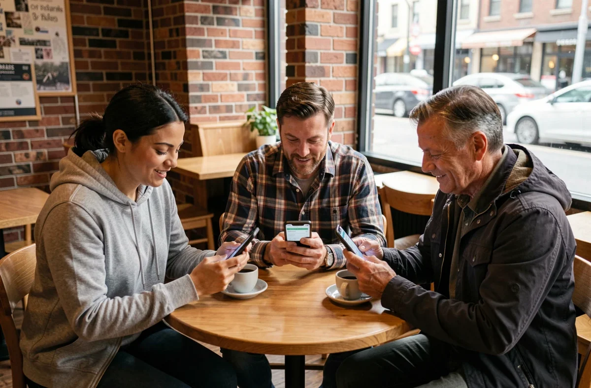 Groupe de citoyens comparant les résultats d'un quiz politique sur leurs smartphones dans un café