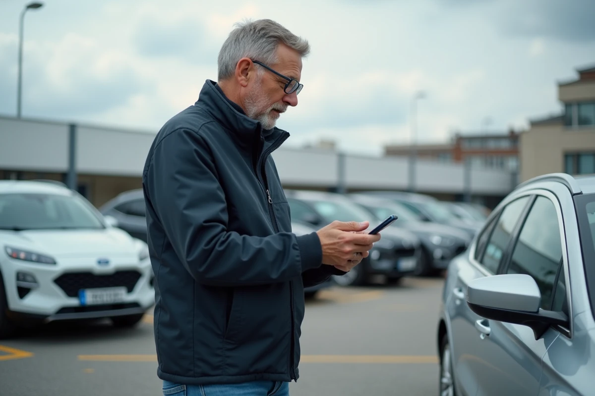 Homme consultant une application mobile pour le contrôle technique et la carte grise de son véhicule dans un parking urbain