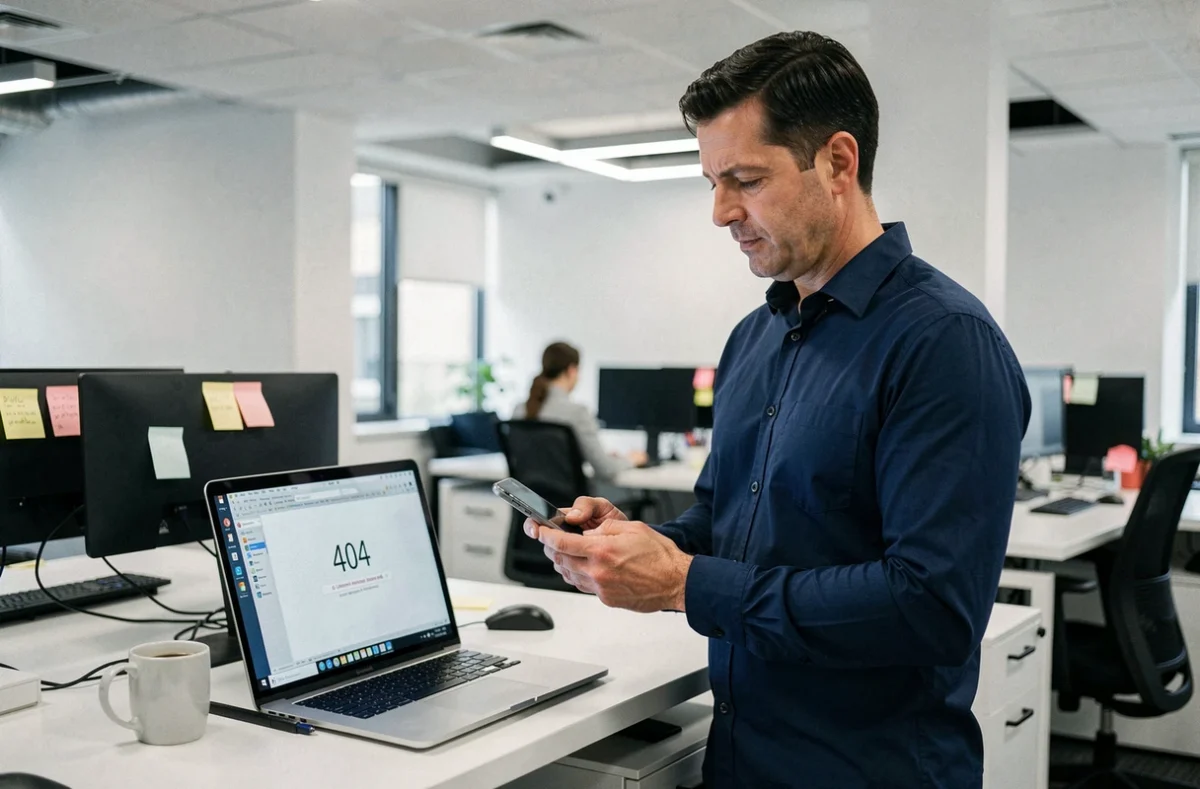 Homme en bureau moderne consultant son smartphone et son ordinateur pour trouver une alternative à un site web inaccessible