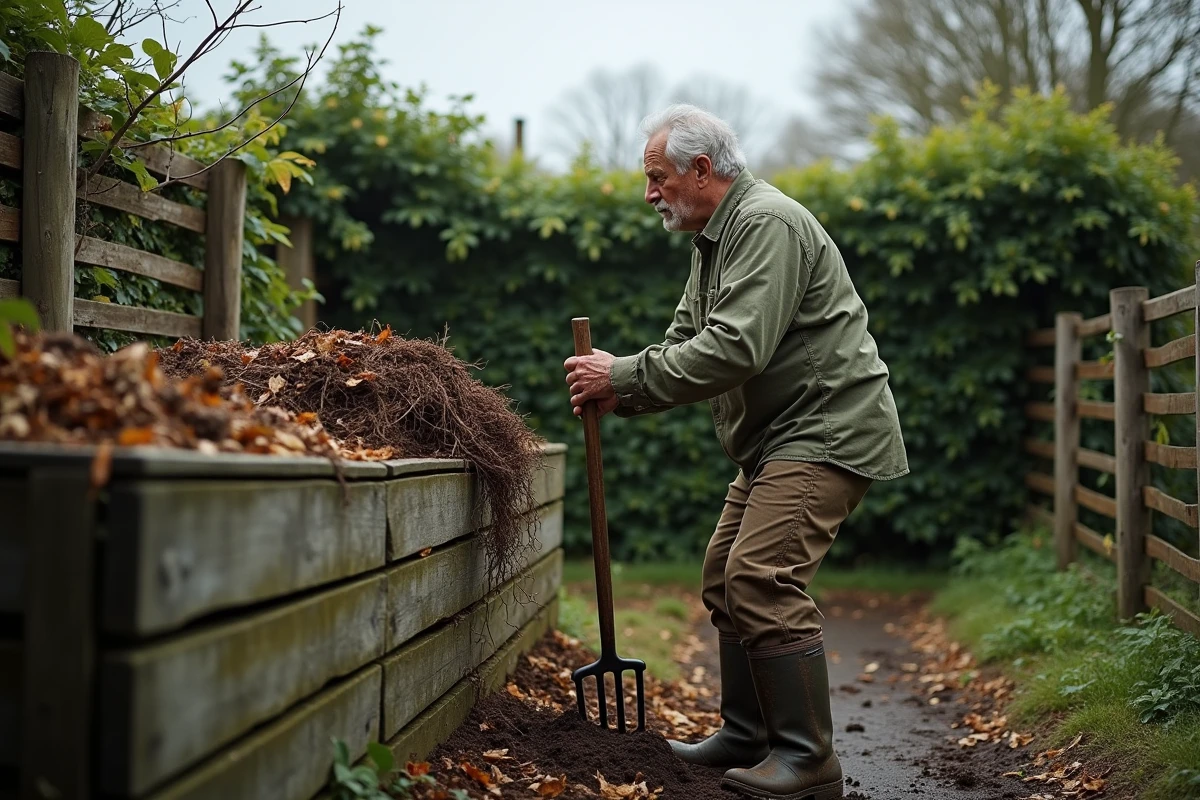Homme retournant du compost dans un bac en bois au fond d'un jardin, pratique essentielle pour un sol fertile