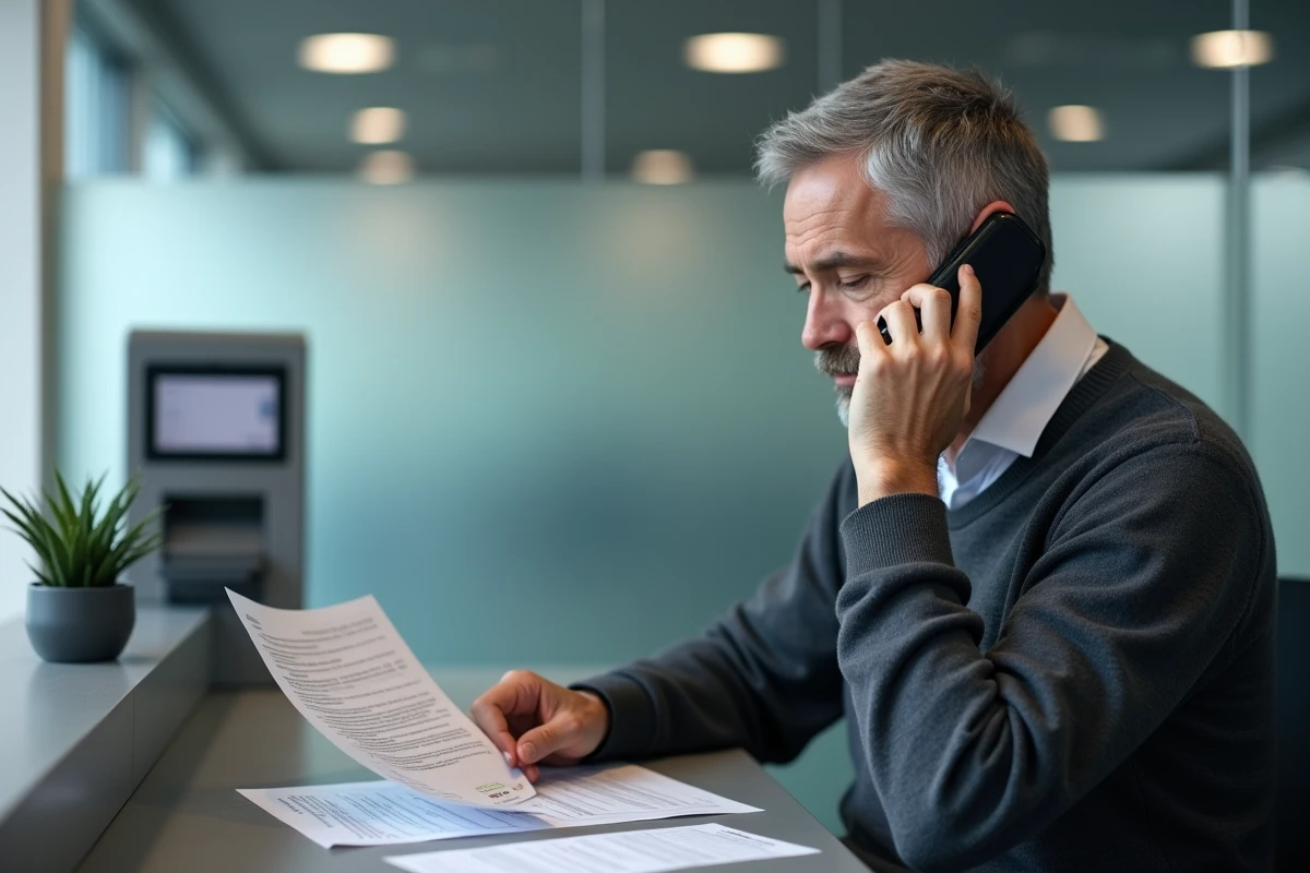 Homme consultant le service téléphonique de l'ANTS dans un bureau administratif