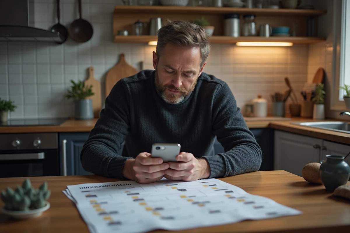 Homme analysant un diagramme sur DOCX dans la cuisine
