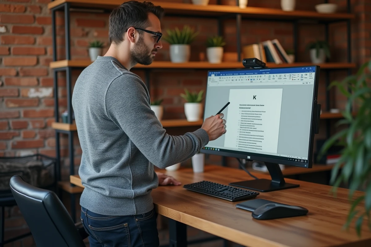 Homme en bureau à domicile utilisant la boîte de dialogue d'insertion de symboles dans Microsoft Word
