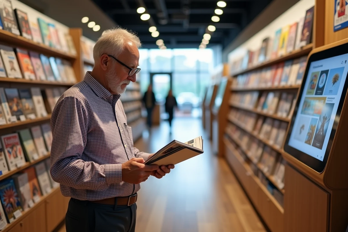 Homme regardant un catalogue dans une librairie moderne