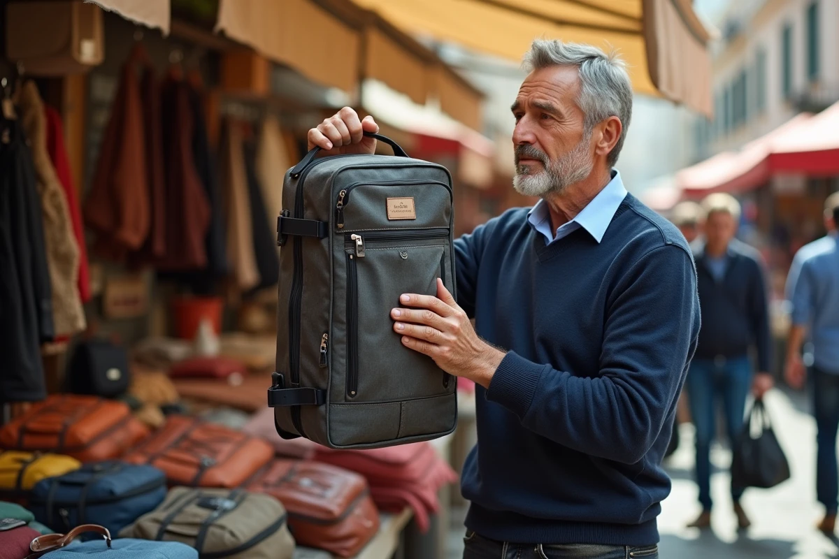 Homme vérifiant un sac de voyage au marché