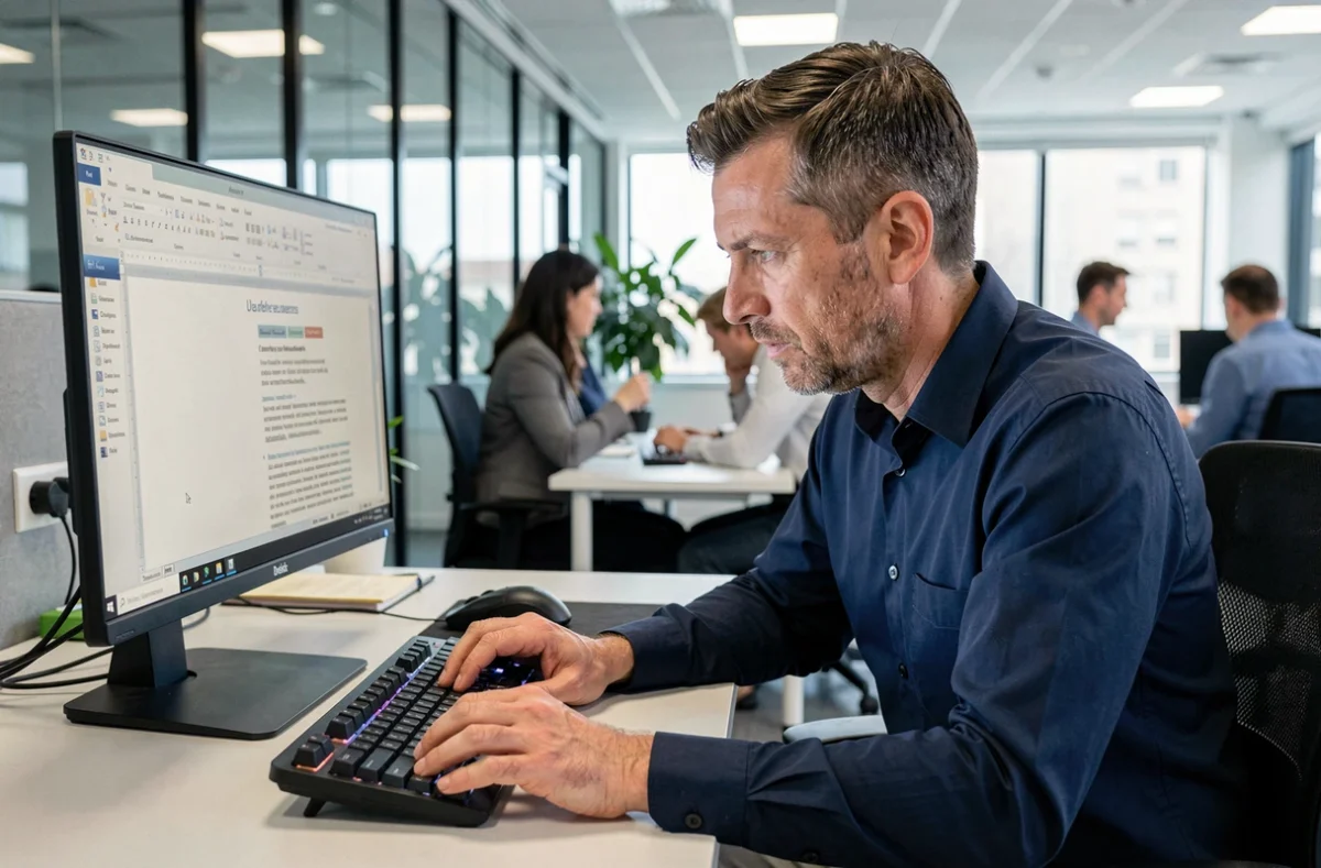 Homme en bureau professionnel utilisant un raccourci clavier Windows pour insérer le Ç majuscule dans un traitement de texte