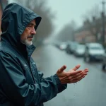 Homme en veste imperméable observant la pluie sur ses mains