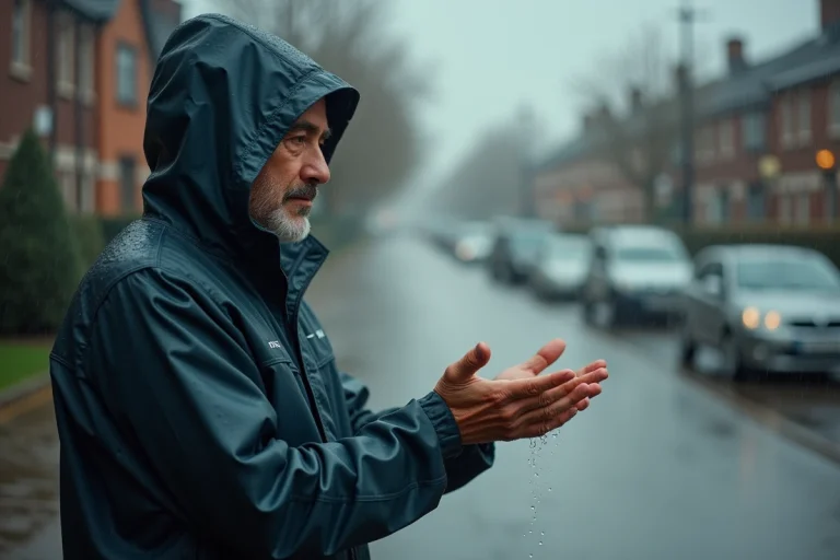 Homme en veste imperméable observant la pluie sur ses mains