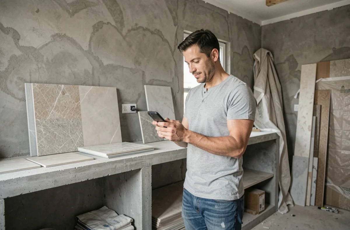 Homme consultant un site web d'entreprise de rénovation sur son smartphone dans une cuisine en travaux