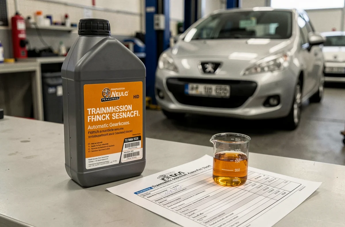 Huile de transmission automatique et facture de vidange pour boîte de vitesses EAT8 Peugeot sur établi de garage