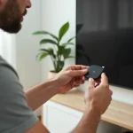 Homme branchant une clé Xiaomi Mi TV Stick dans le port HDMI d'un téléviseur mural dans un salon moderne