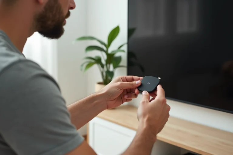 Homme branchant une clé Xiaomi Mi TV Stick dans le port HDMI d'un téléviseur mural dans un salon moderne