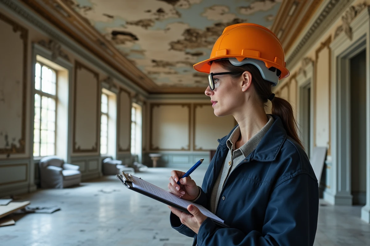 Architecte évaluant l'état intérieur dégradé d'un château abandonné avec plafonds fissurés et parquet abîmé