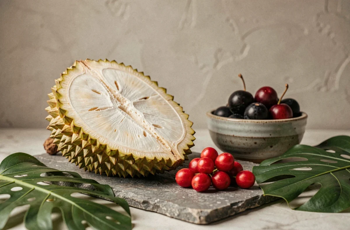 Gros plan sur un jackfruit coupé et des jujubes frais posés sur une surface en pierre avec des feuilles tropicales