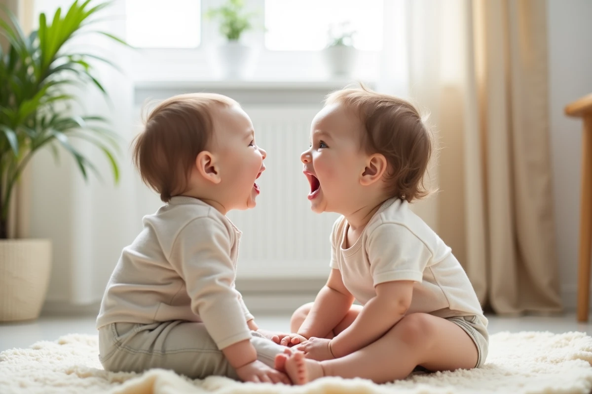 Bébé de 8 mois imitant les expressions de son parent lors d'un jeu face à face interactif sur un tapis de jeu crème