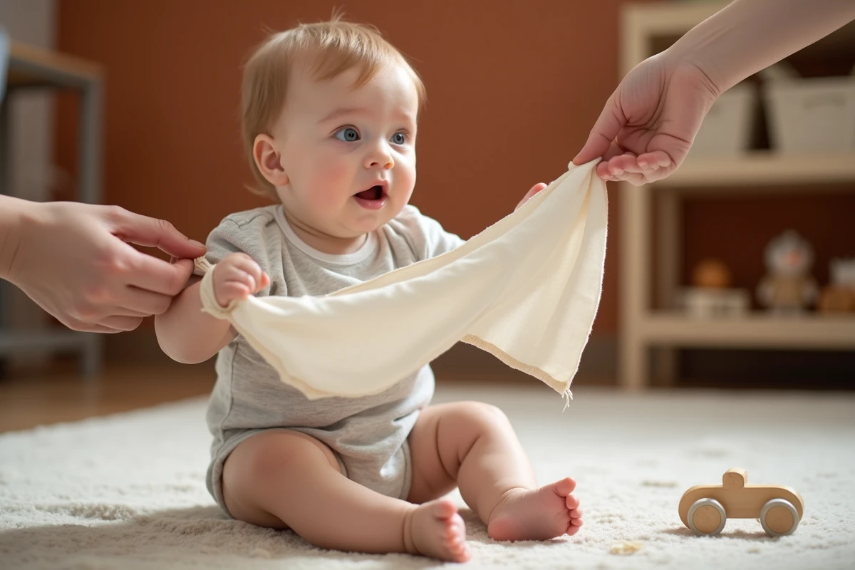 Bébé de 8 mois découvrant un jouet caché sous un tissu mousseline lors d'un jeu de permanence de l'objet