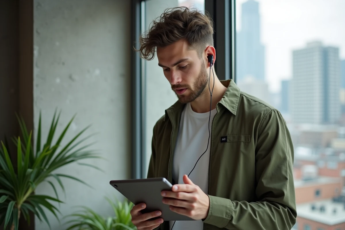 Jeune adulte utilisant un casque sans fil pour contacter l'ANTS en consultant sa tablette