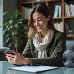 Femme professionnelle souriante avec smartphone dans un bureau moderne