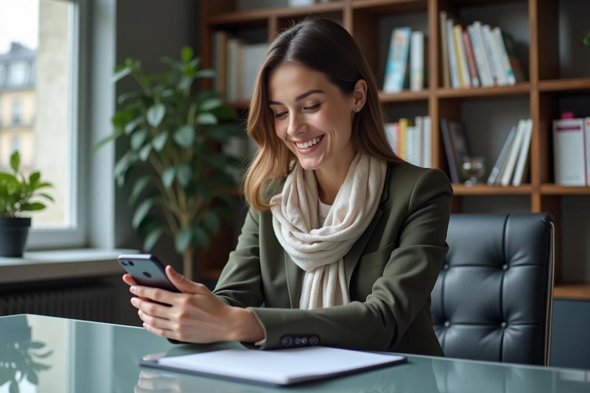 Femme professionnelle souriante avec smartphone dans un bureau moderne