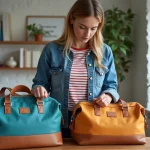Jeune femme inspectant deux sacs de voyage colorés