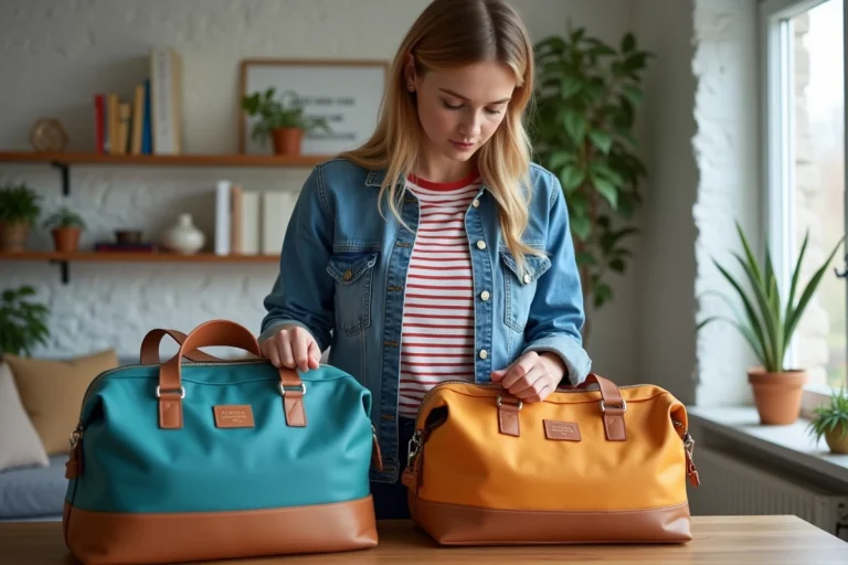 Jeune femme inspectant deux sacs de voyage colorés