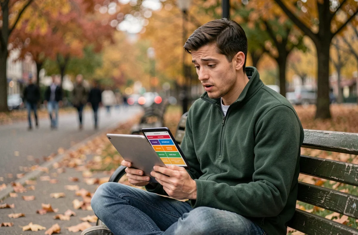 Jeune homme lisant ses résultats de quiz d'orientation politique sur une tablette dans un parc en automne